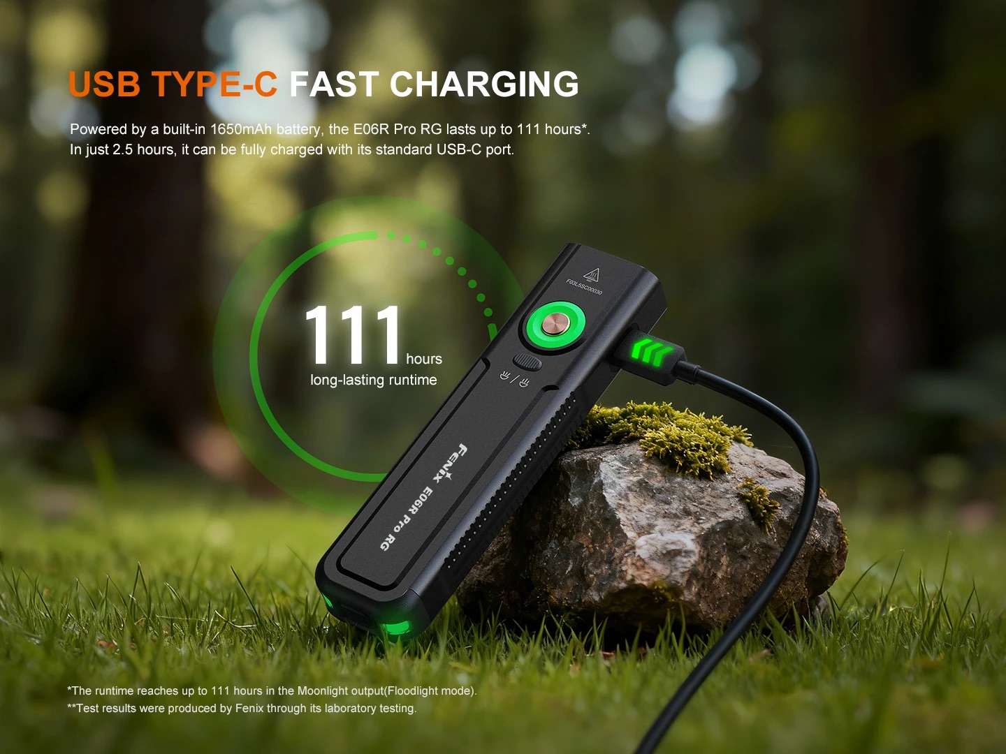 USB Type-C fast charger on a rock in a forest, with a green ring indicator and the text '111 hours long-lasting runtime'.