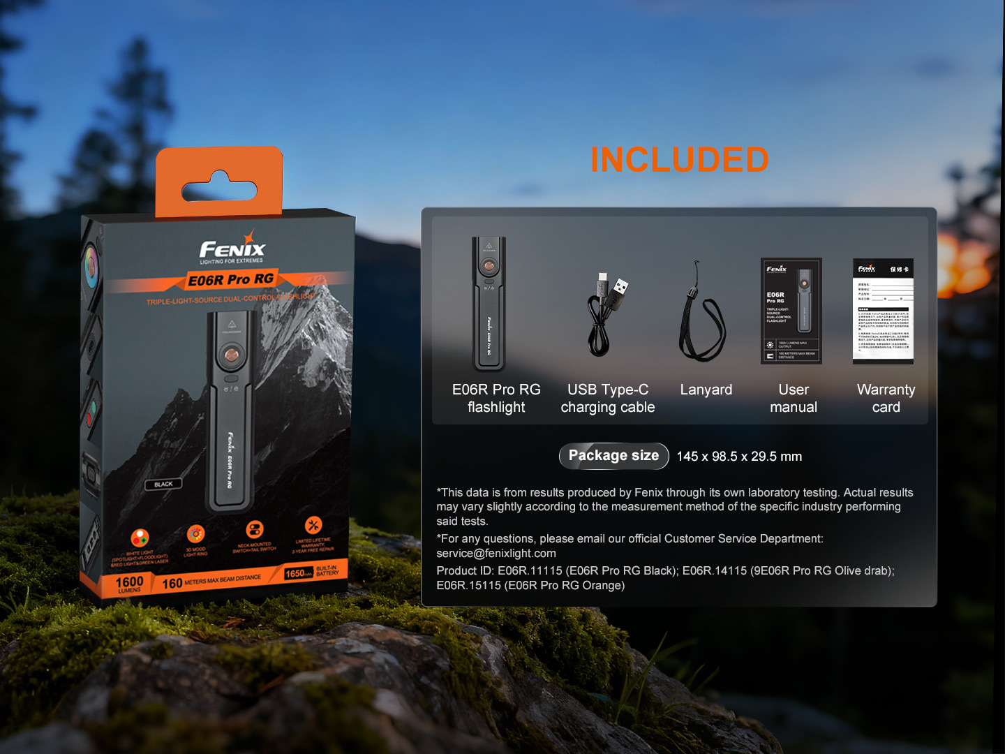 Fenix E06R Pro RG flashlight package with orange handle on rocks; an accompanying panel lists included items: flashlight, USB‑C cable, lanyard, user manual, warranty card.
