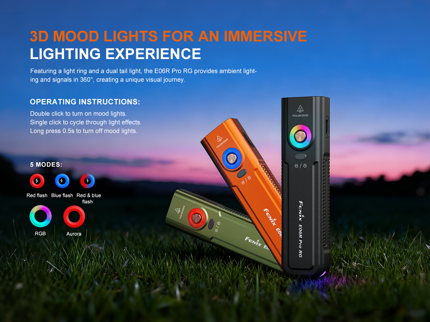Promo banner for 3D mood lights showing colorful handheld devices on grass at sunset with mode icons and instructions.
