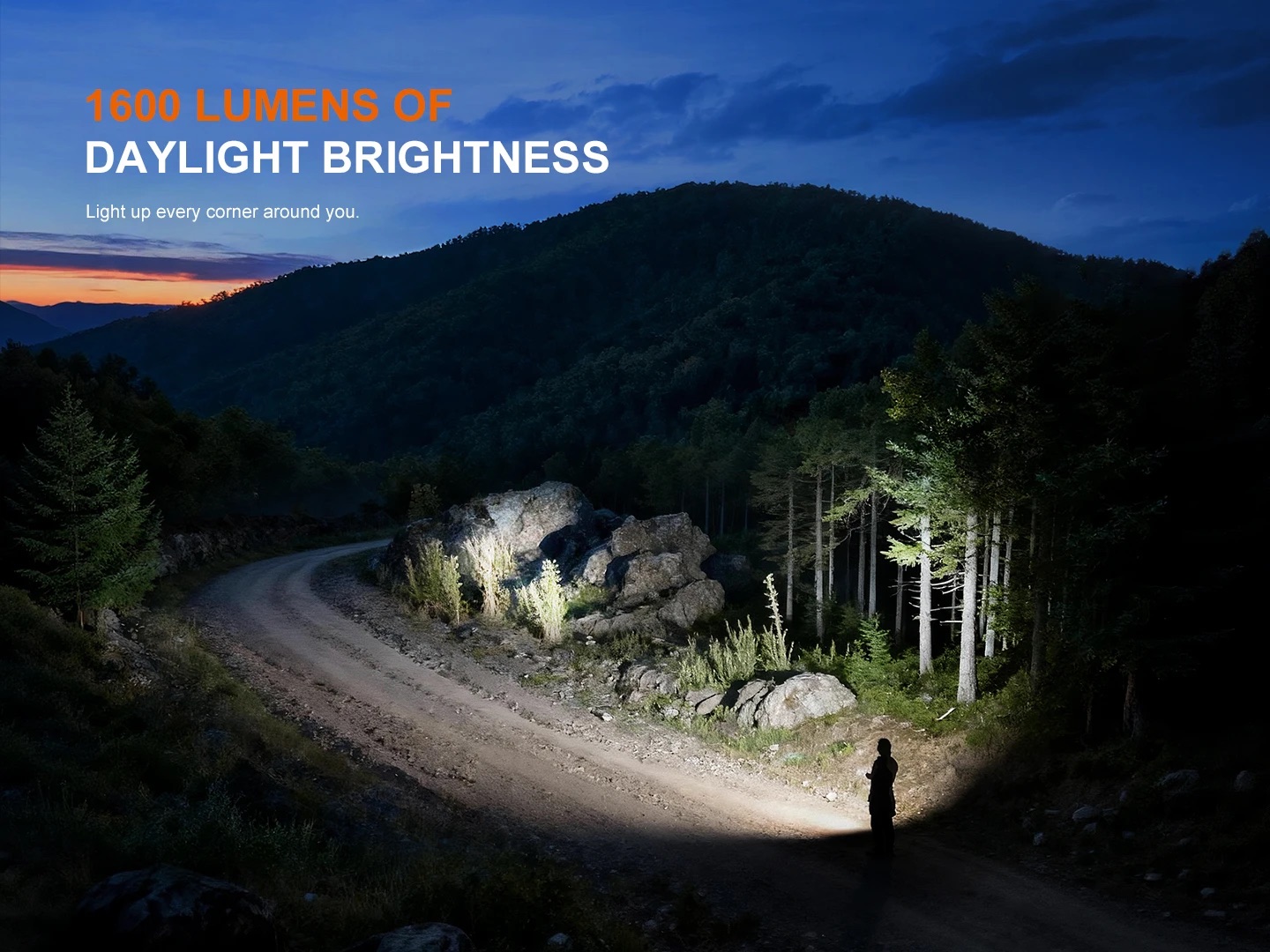 Person standing on a dark mountain dirt road as a bright beam from a flashlight lights rocks and trees nearby at dusk.