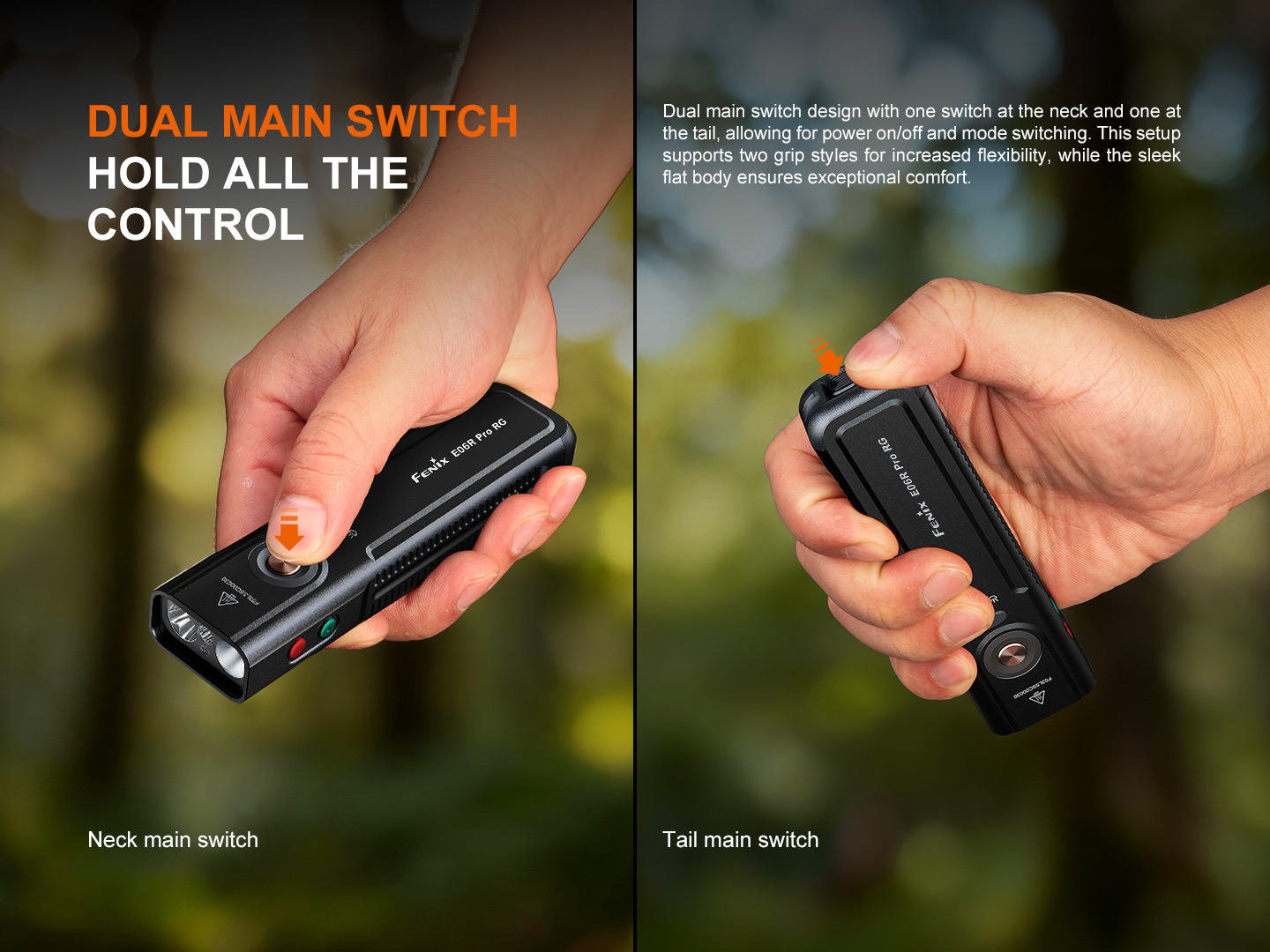 Left panel: hand pressing the neck main switch of a compact flashlight, showing dual-switch design for power on/off and mode control; right panel: hand pressing the tail main switch to demonstrate dual-switch operation in outdoor setting.