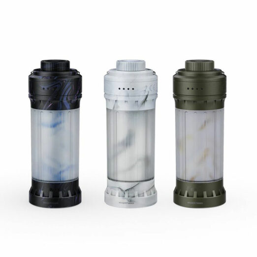 Three translucent shaker bottles with colored caps (black, white, and olive) lined up on a white background.