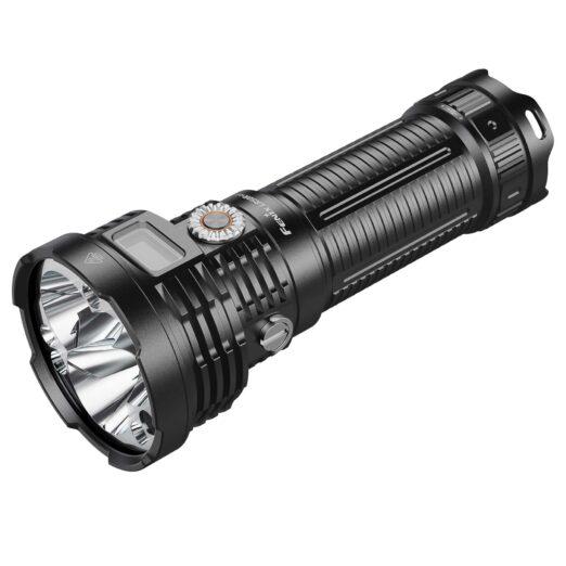 Black tactical flashlight with knurled grip and metallic bezel, shown at a diagonal angle to the right