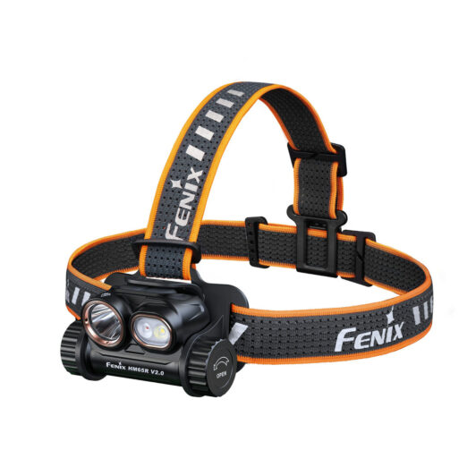 Headlamp with two LED bulbs on a black body and an adjustable grey/orange strap labeled 'FENIX'