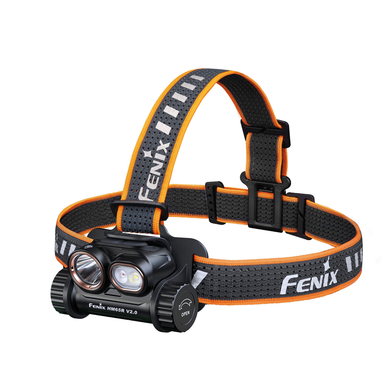 Headlamp with two LED bulbs on a black body and an adjustable grey/orange strap labeled 'FENIX'