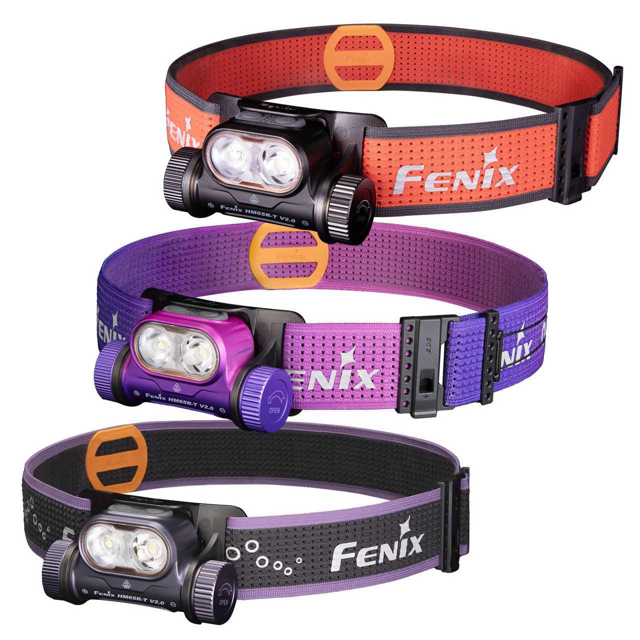 Lineup of four Fenix headlamps with colored bands (orange, purple, pink, and black) stacked vertically; each headlamp has dual LEDs and an adjustable strap for outdoor use
