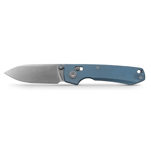 Close-up of a blue folding pocket knife with a silver blade partially extended, showing screws and grip texture.