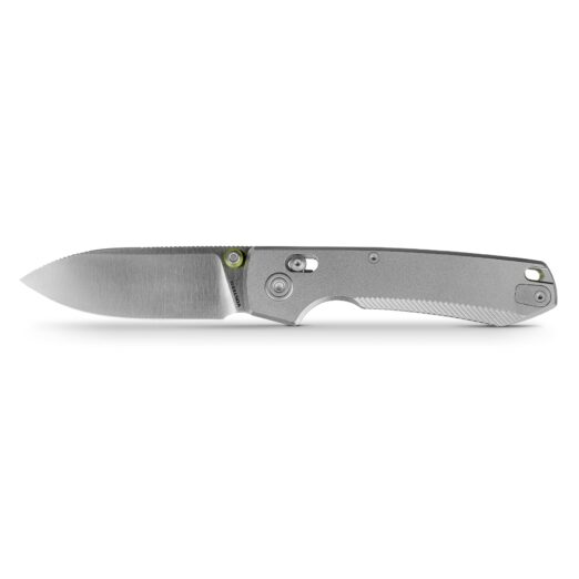 Folding pocket knife shown from the side with the blade extended to the left and a gray metal handle.