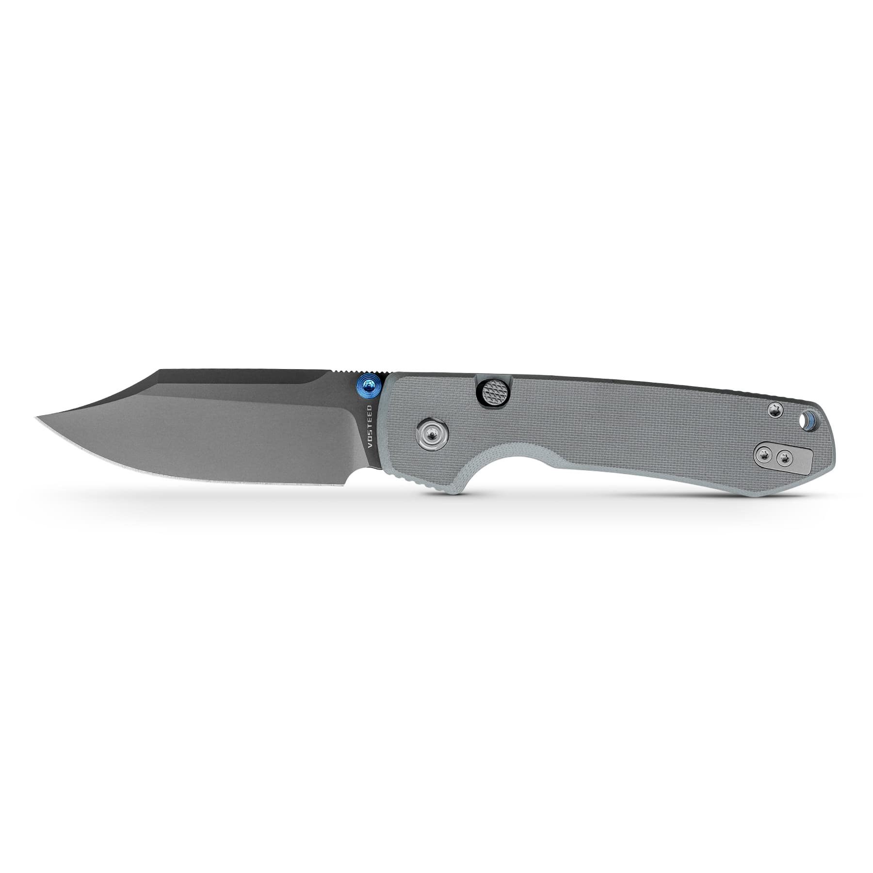 Close-up of a gray folding knife with a silver blade extended, blue pivot screw and textured handle.