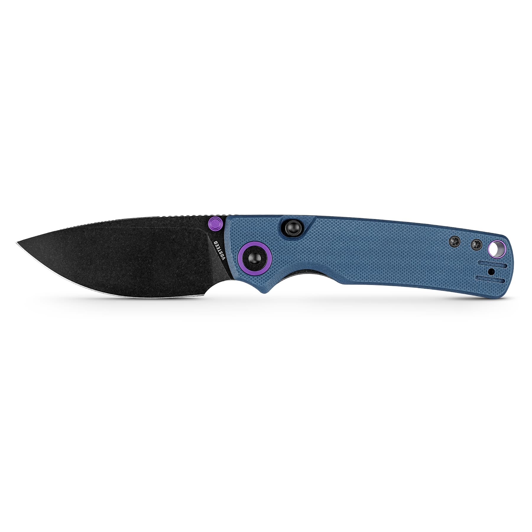 Folding knife with a dark blade and a blue textured handle accented by purple screws and hardware, viewed sideways at a low angle.
