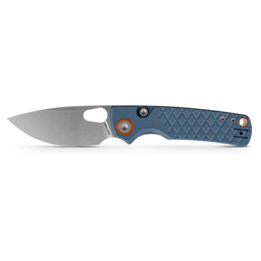 Blue textured folding knife with a partially extended gray blade and orange accents/pivot screws against a white background.
