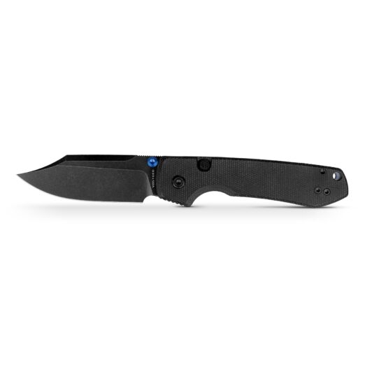 Close-up of a black folding knife with a textured handle and partially extended blade, viewed from the side.
