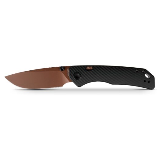 Partial view of a folding knife: brown blade extending from a black, textured handle on a white background