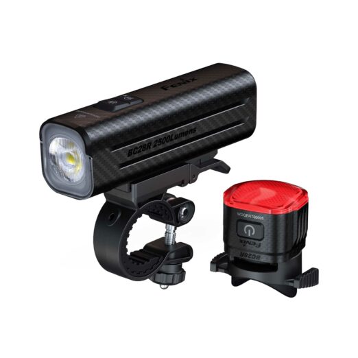 Carbon-fiber style bike headlight with LED lens mounted on a clamp, shown with its mounting bracket on a bike handlebar.