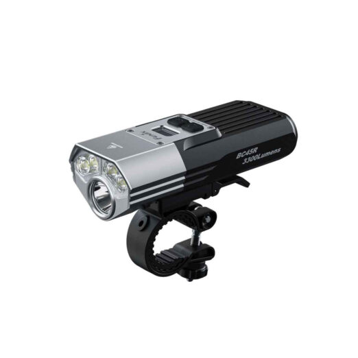 Front bicycle headlight in metallic housing with LED cluster, mounted on a handlebar clamp (3300 lumens).