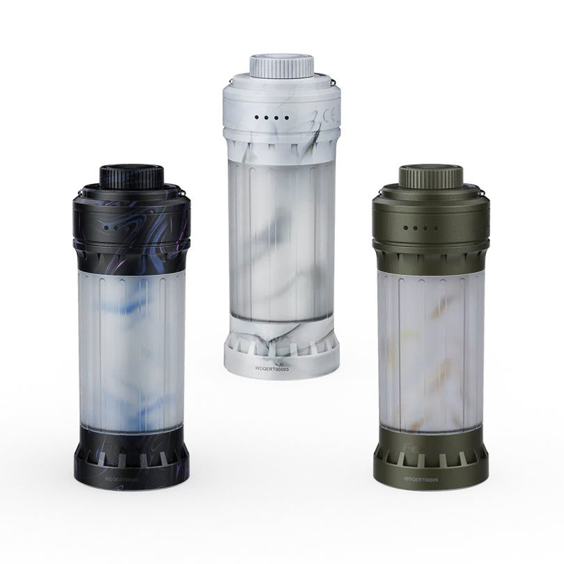 Set of three translucent shaker bottles with different colored lids (black, white, and olive) standing upright on white background.