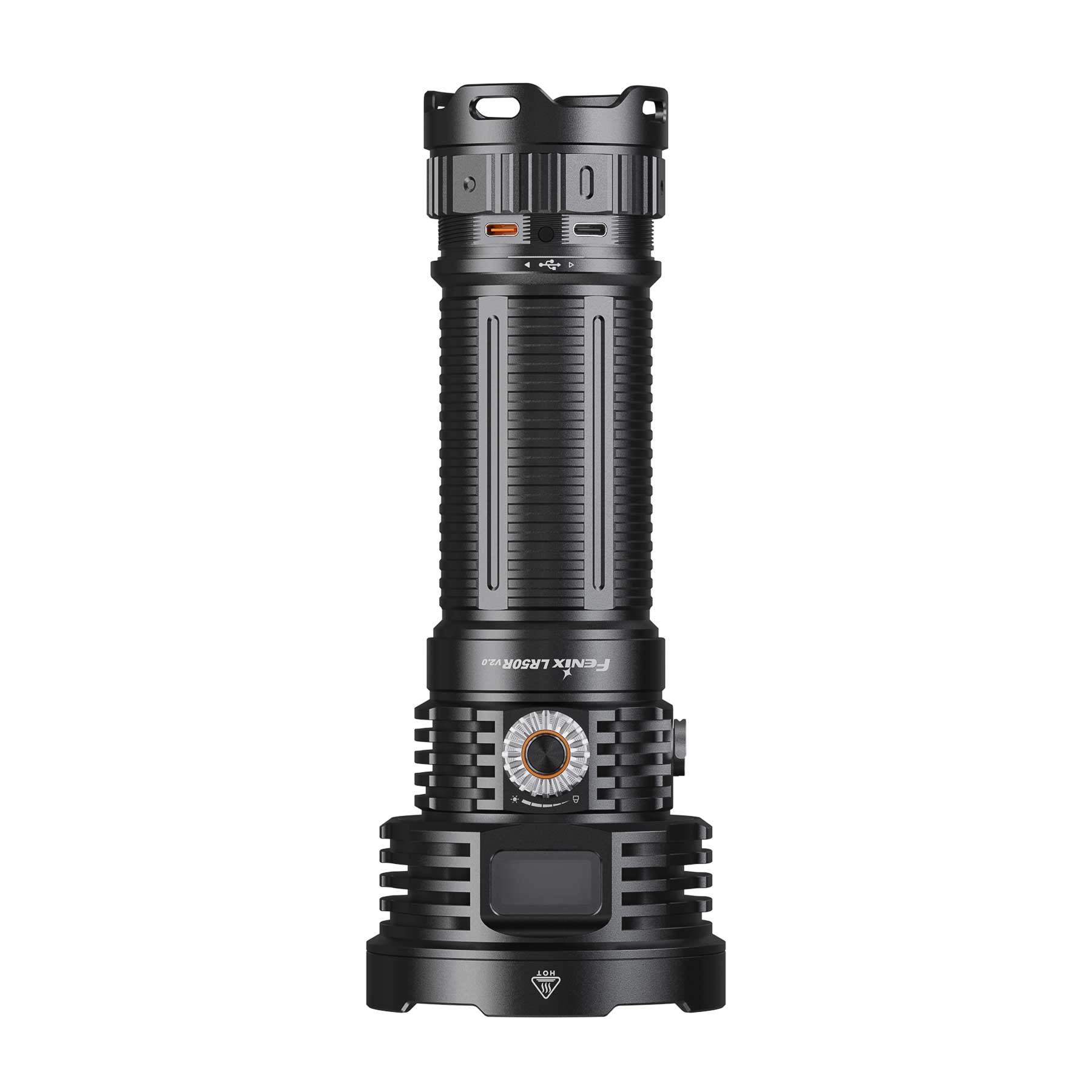 Close-up of a tall black tactical flashlight with a ribbed grip and side controls (Fenix LR50R V2.0).