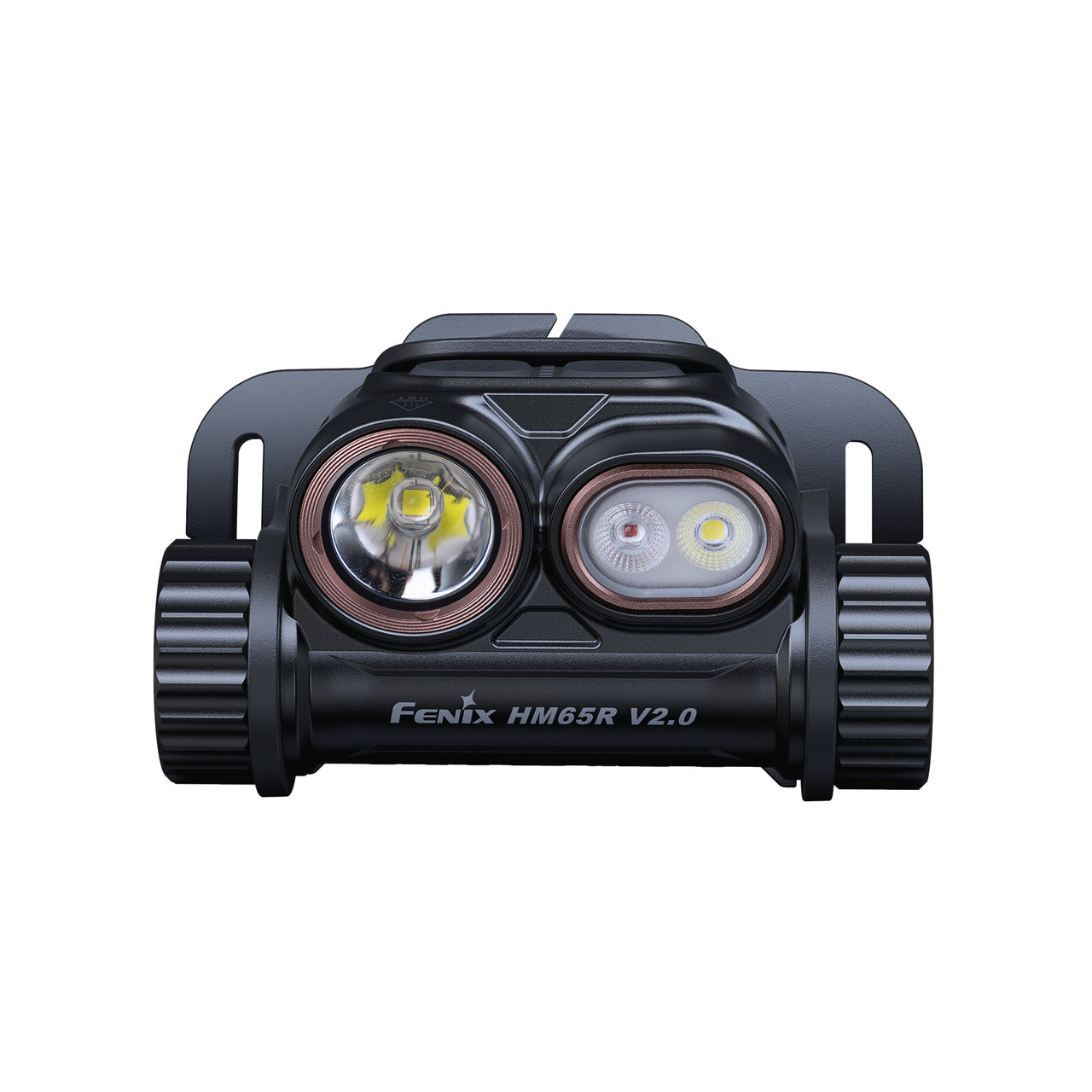 Front view of a black Fenix HM65R V2.0 dual-LED headlamp with two round lenses and adjustable straps