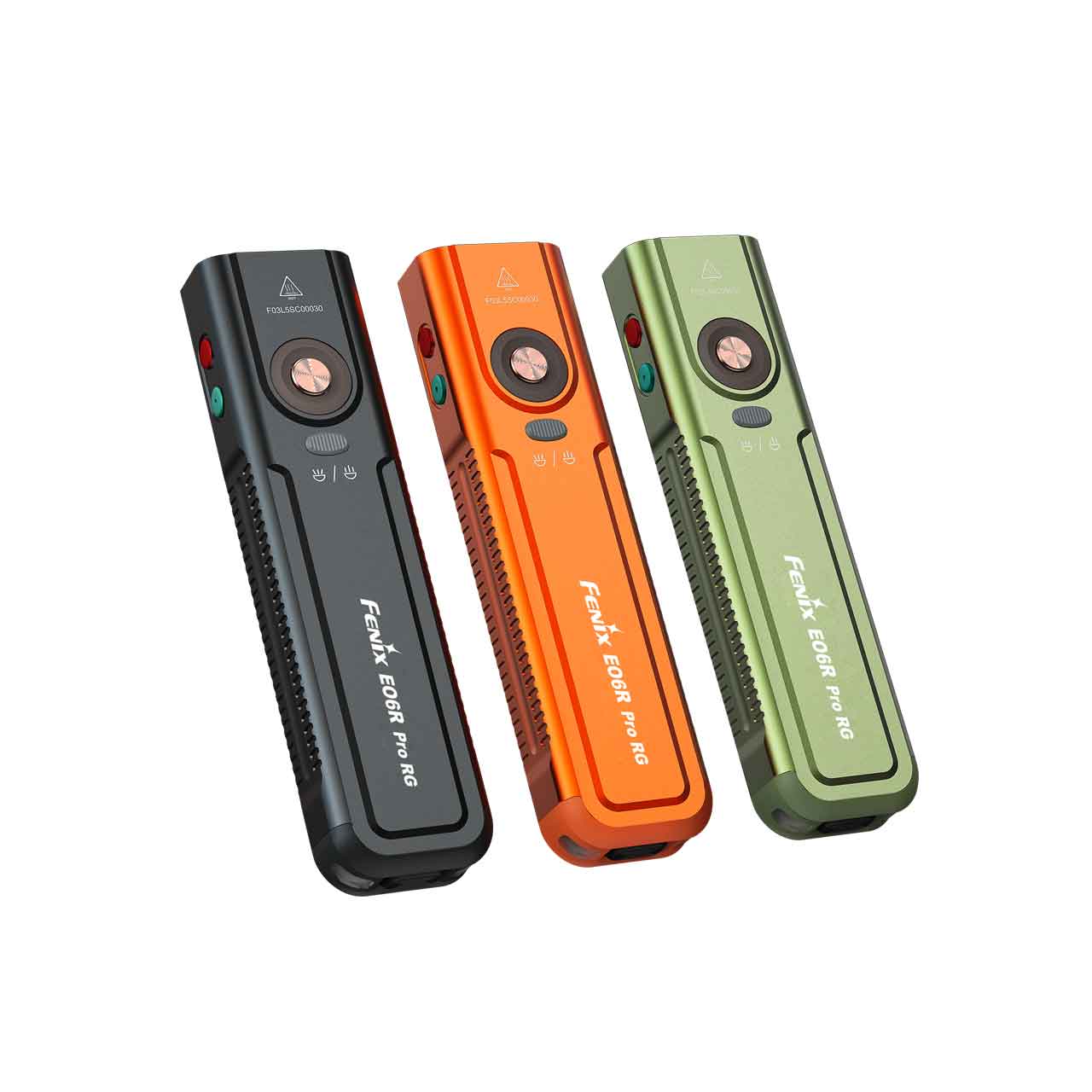 Three Fenix EOGR Pro RG flashlights in black, orange, and green angled against a white background, showcasing different colors and rugged design.