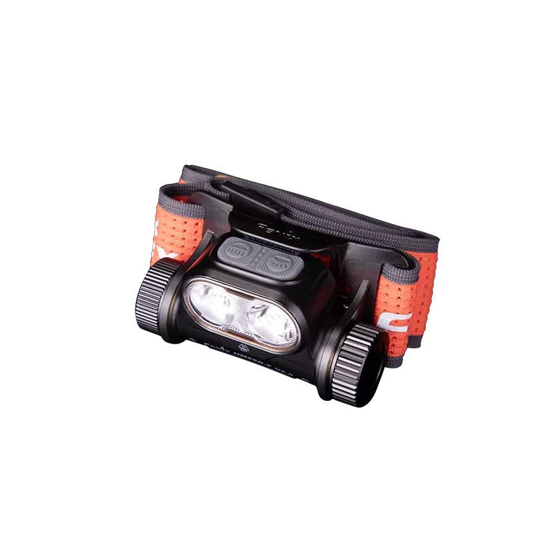 Headlamp flashlight with dual LEDs and an orange adjustable head strap