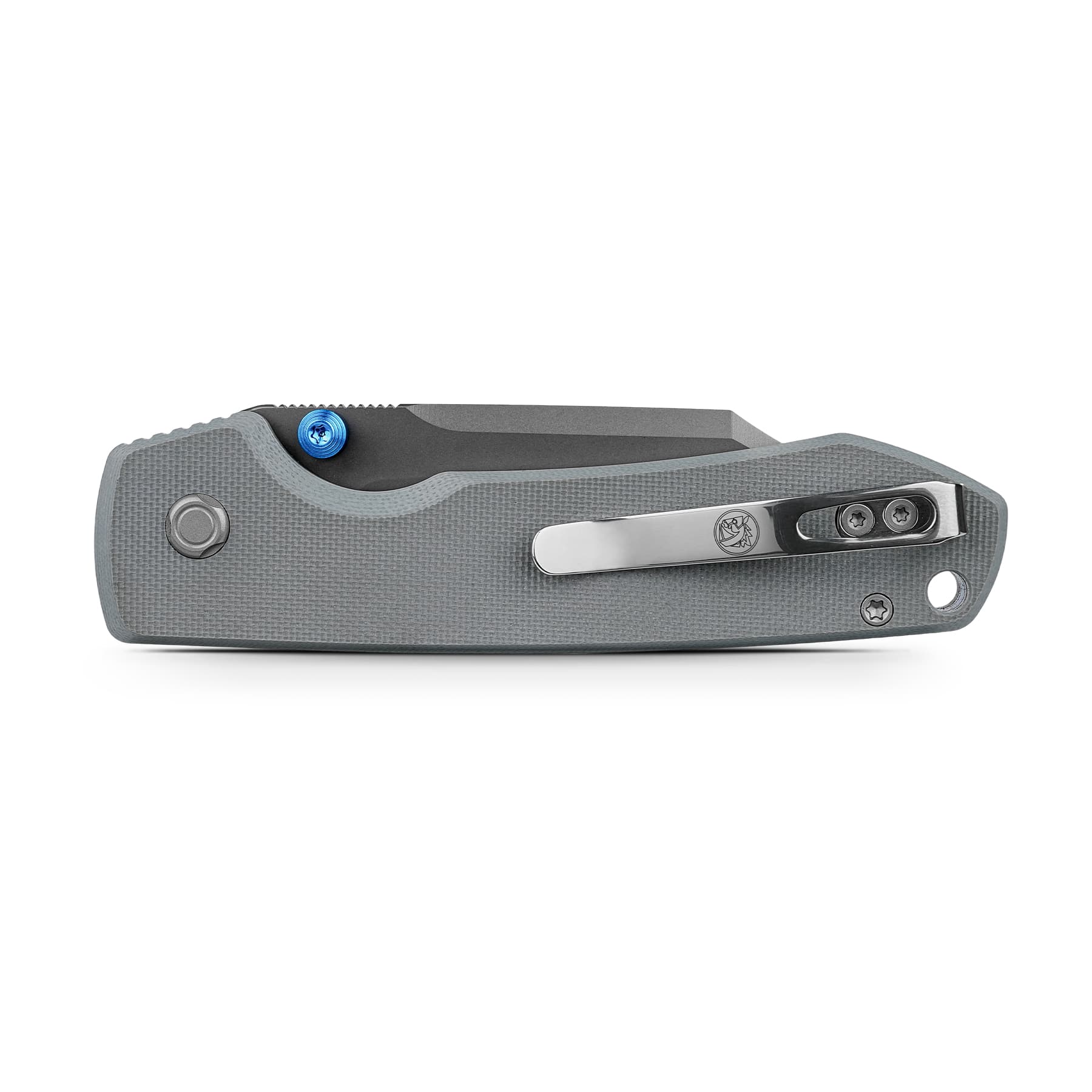 Close-up of a gray textured folding knife handle with a blue pivot screw and partially exposed blade on a white background