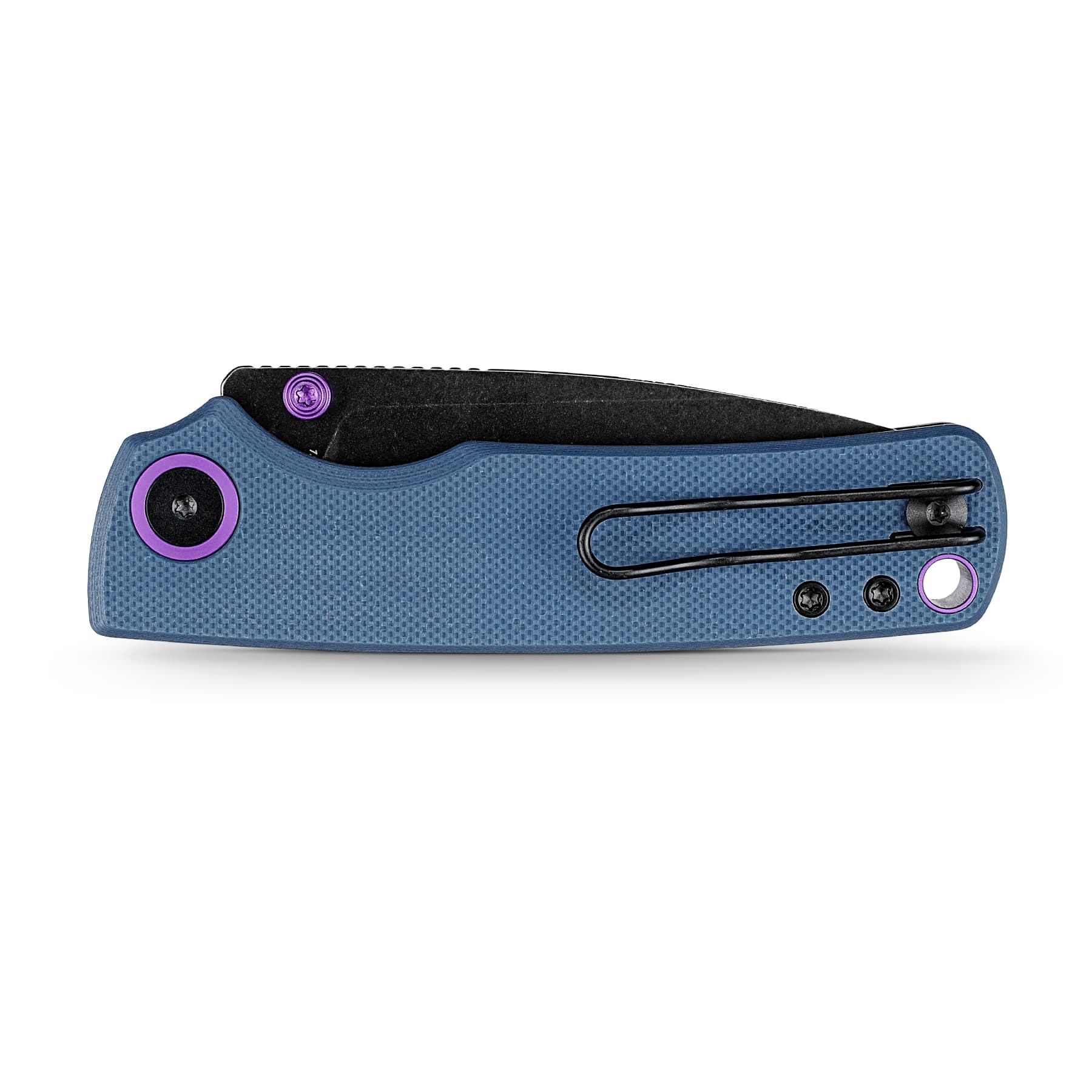 Blue textured folding knife with a partially extended black blade and purple accents, lying on a white background