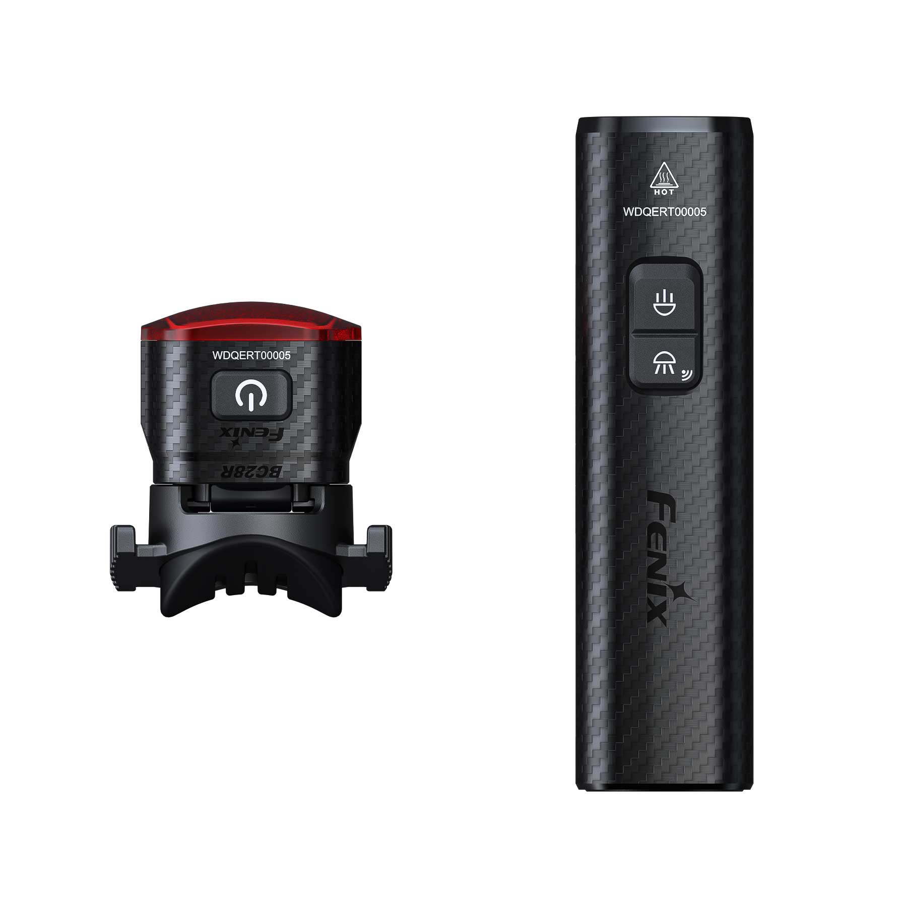Close-up of two carbon-fiber textured devices with buttons: a small left unit with a power button and red top, and a tall right device with two stacked buttons.