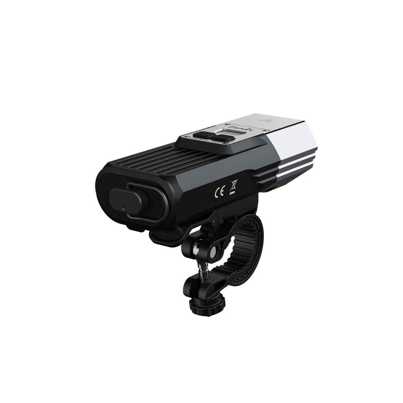 Black external camera flash unit mounted on a swivel bracket with a hot‑shoe base