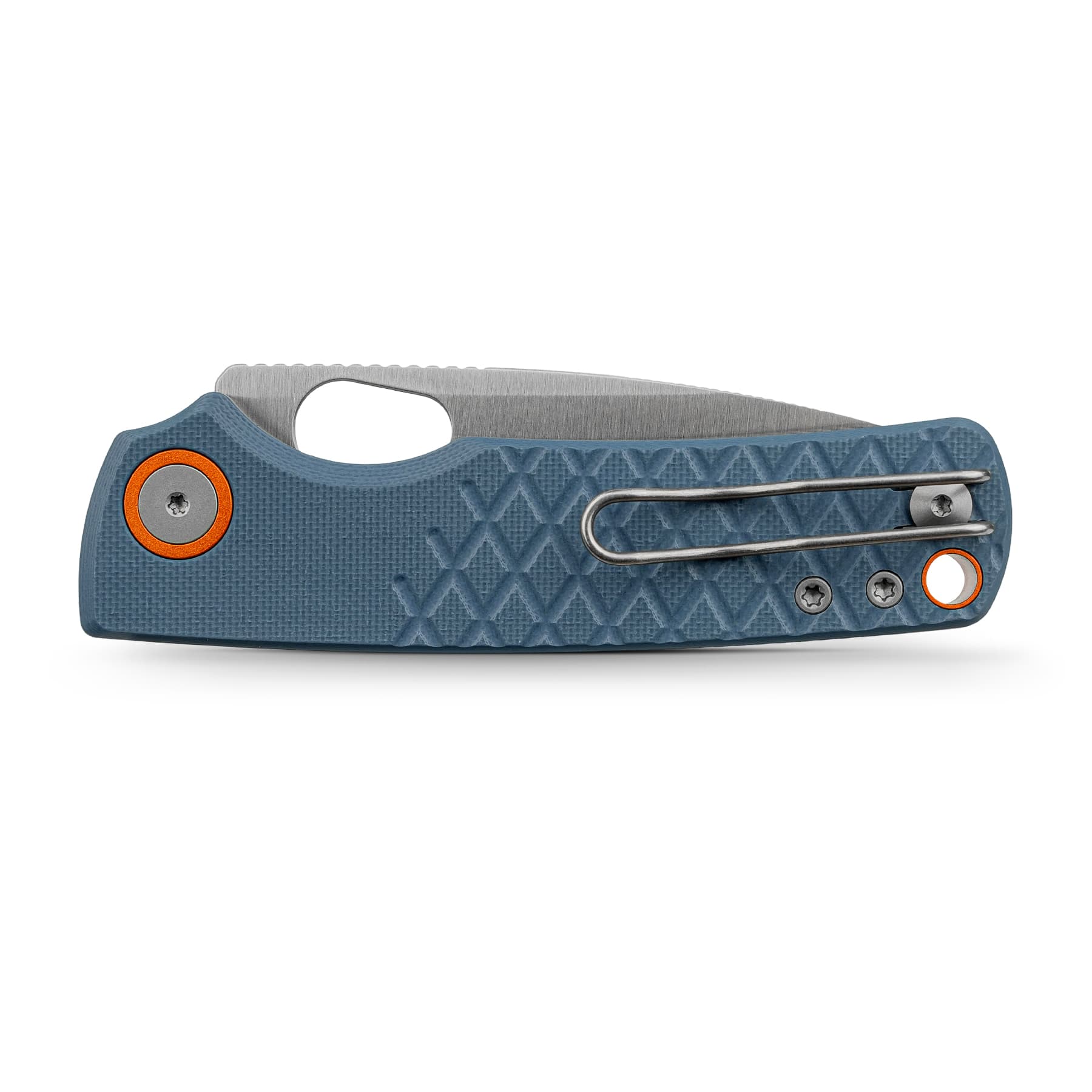 Blue textured folding knife with a partially extended silver blade and orange pivot.
