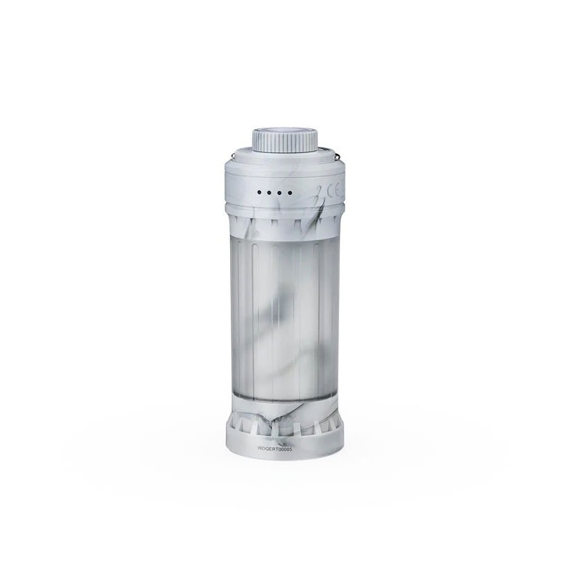White cylindrical water filter cartridge with a transparent body and screw-on cap.