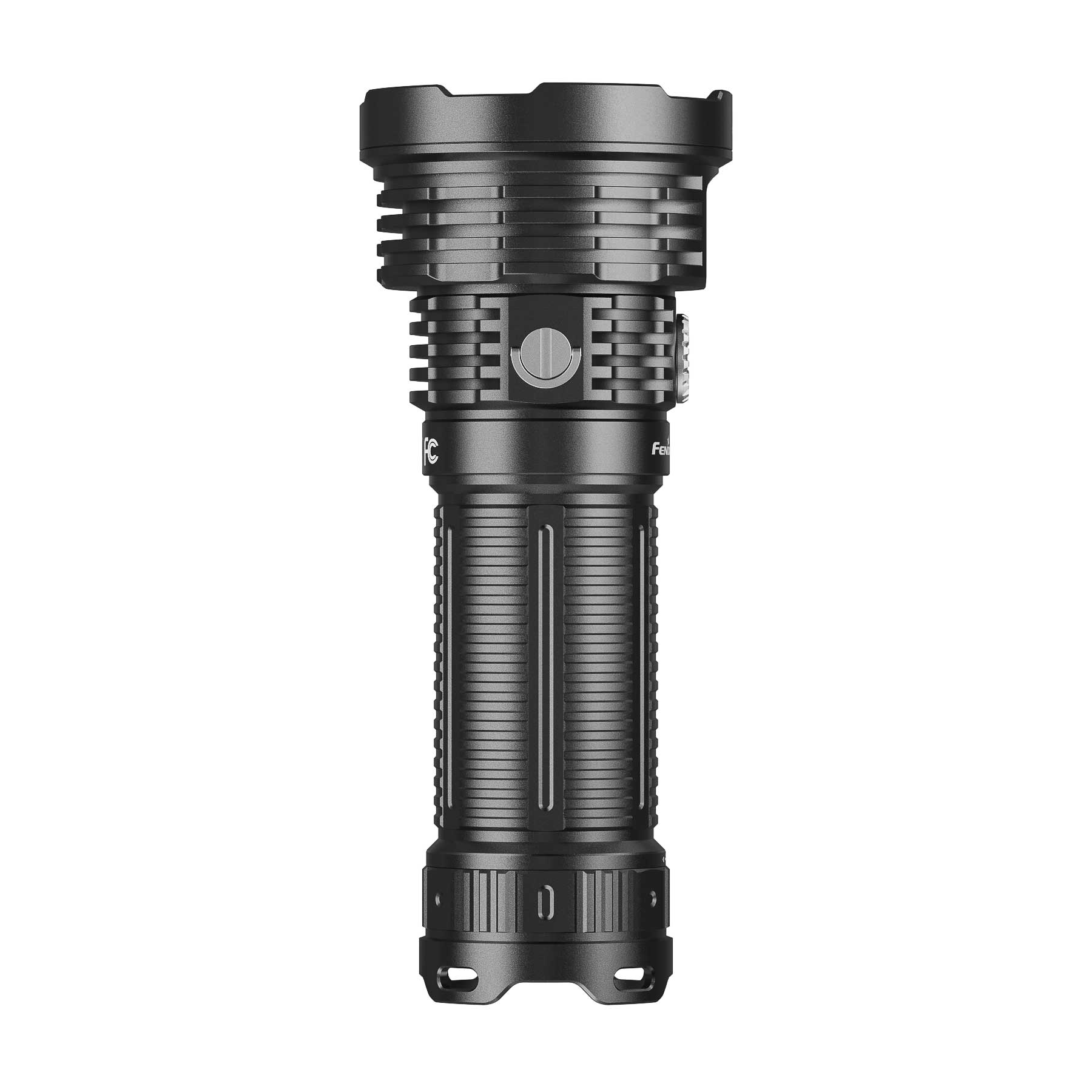 Close-up of a black tactical flashlight with a ribbed head and mounting rail clamp on a rifle-style body.