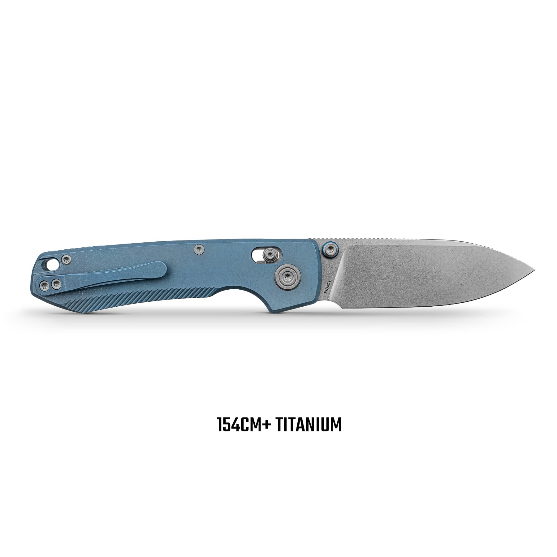 Close-up of a blue folding knife with a gray blade, screws visible, against a white background, with the caption '154CM+ TITANIUM' underneath.