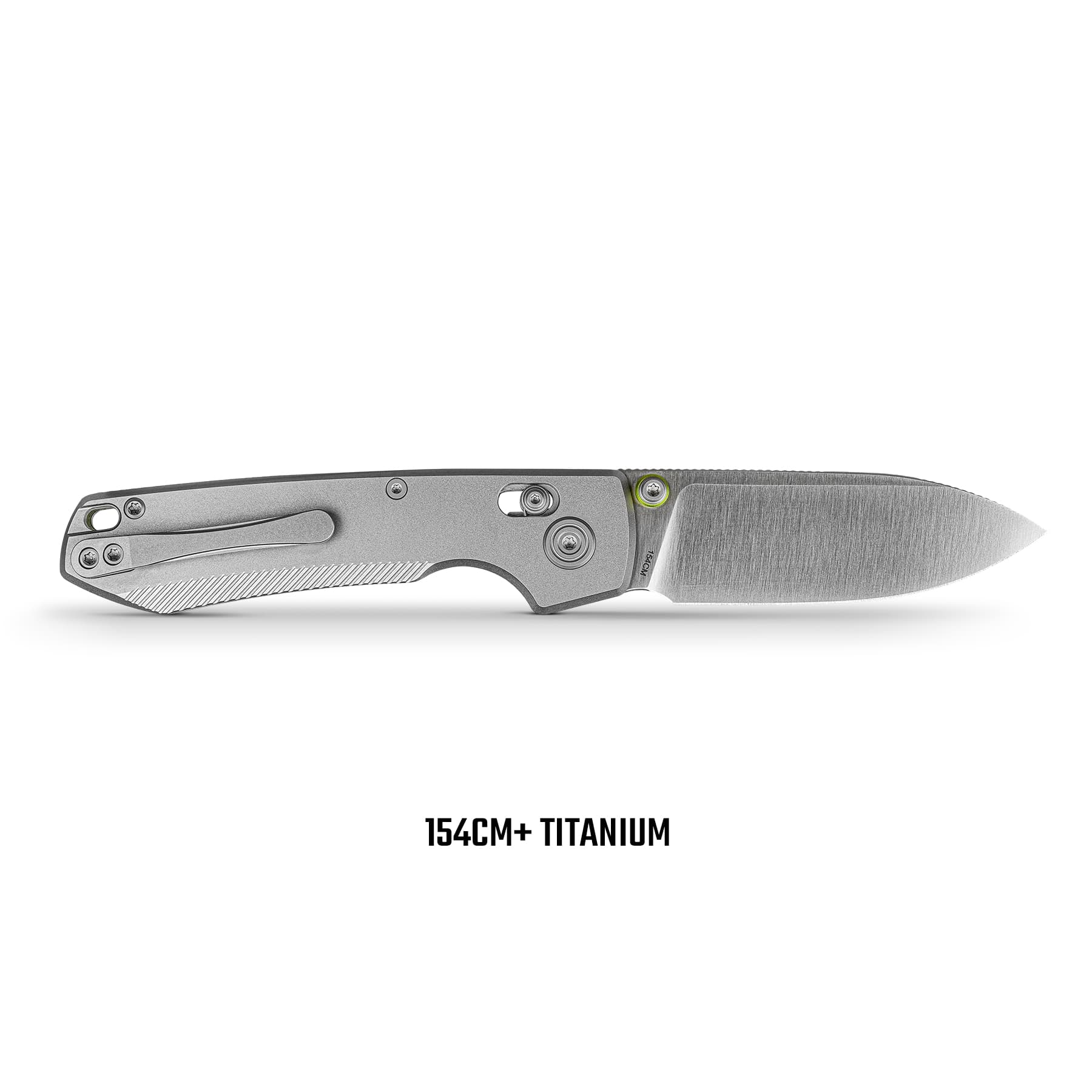 Close-up side view of a titanium folding knife blade with a visible locking mechanism and the caption '154CM+ TITANIUM' beneath.