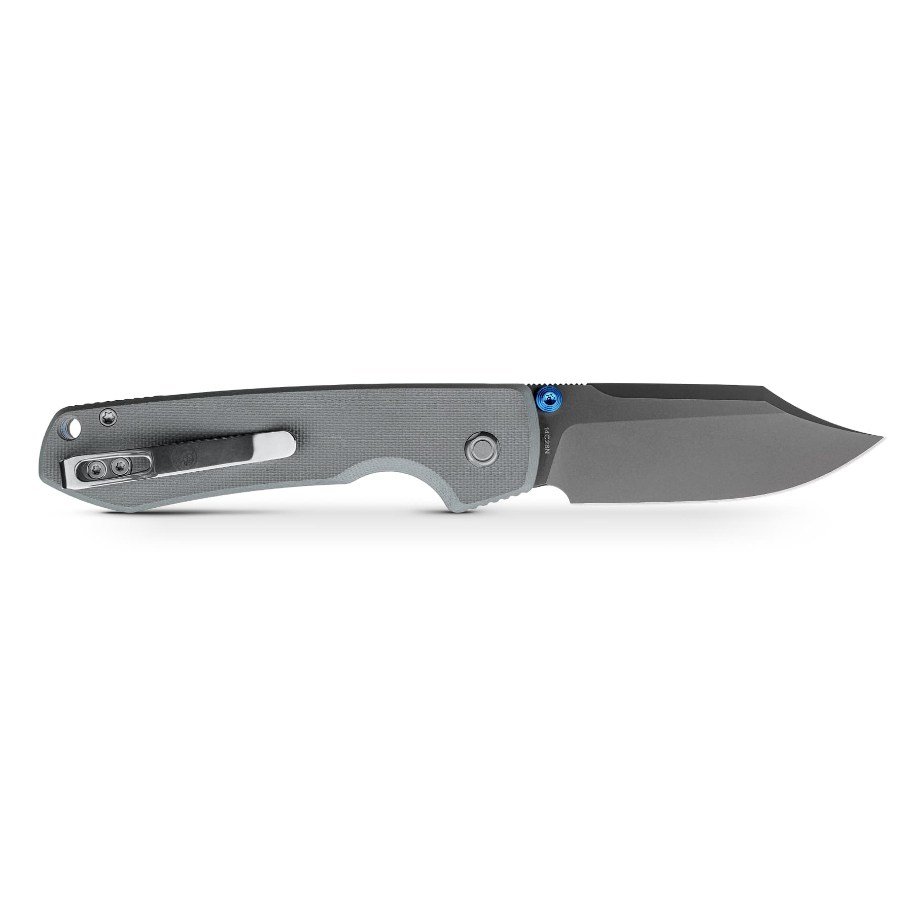 Close-up of a gray folding knife lying horizontally along the bottom edge of the image, showing its textured handle and blade.
