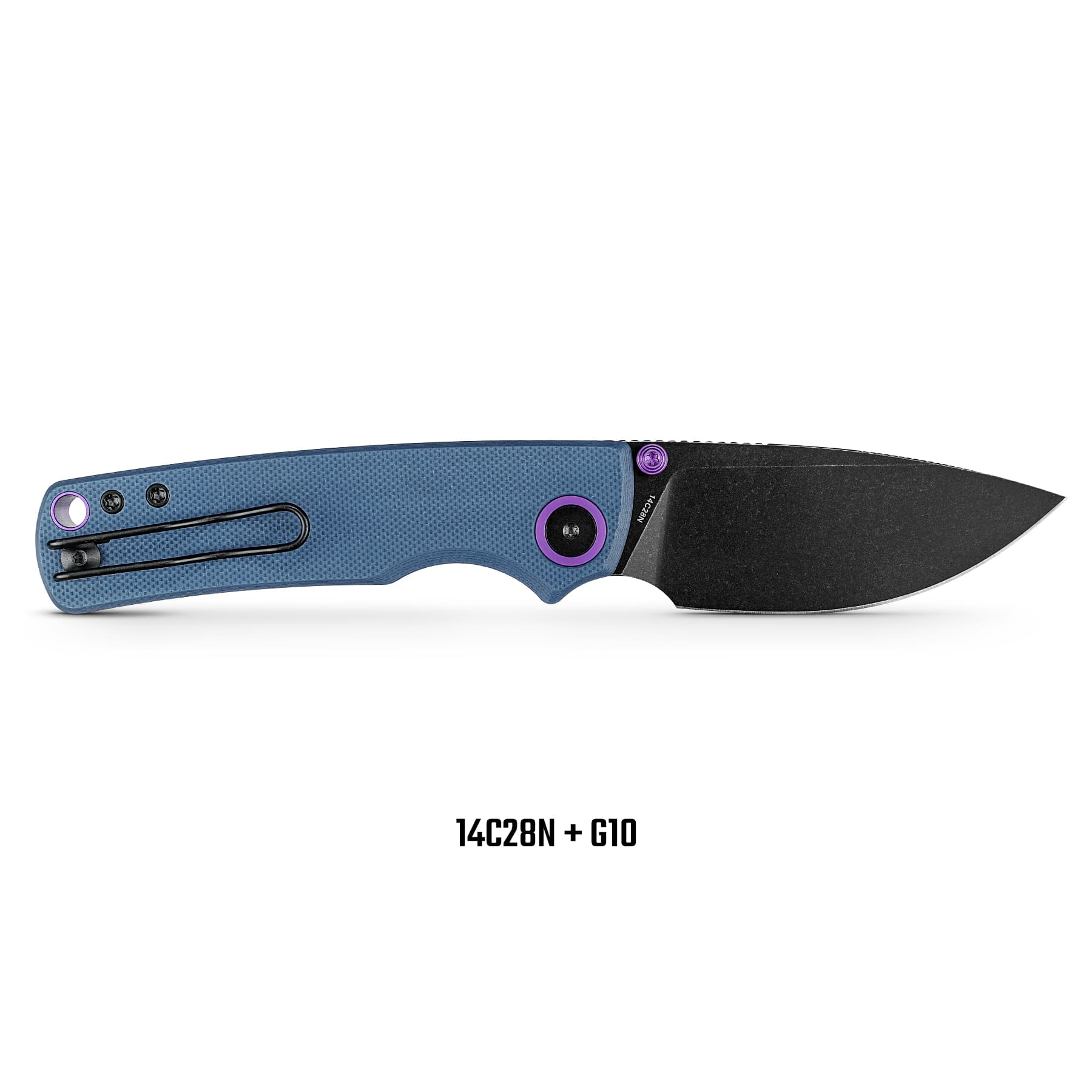 Blue textured folding knife with a black blade and purple accent hardware; model 14C28N + G10.