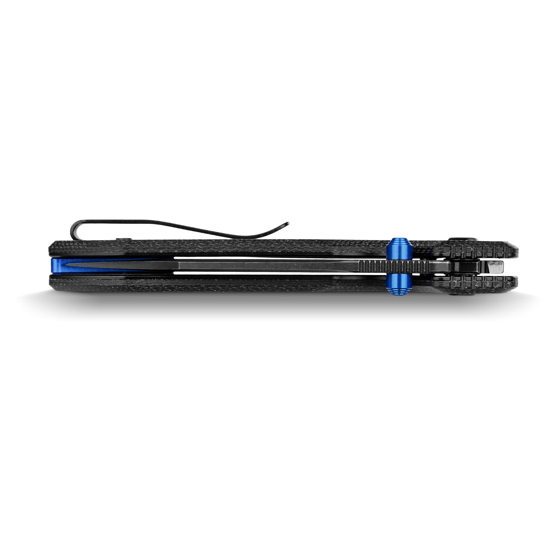 Side view of a black textured stapler with a blue adjustment knob on a white background, lying flat.