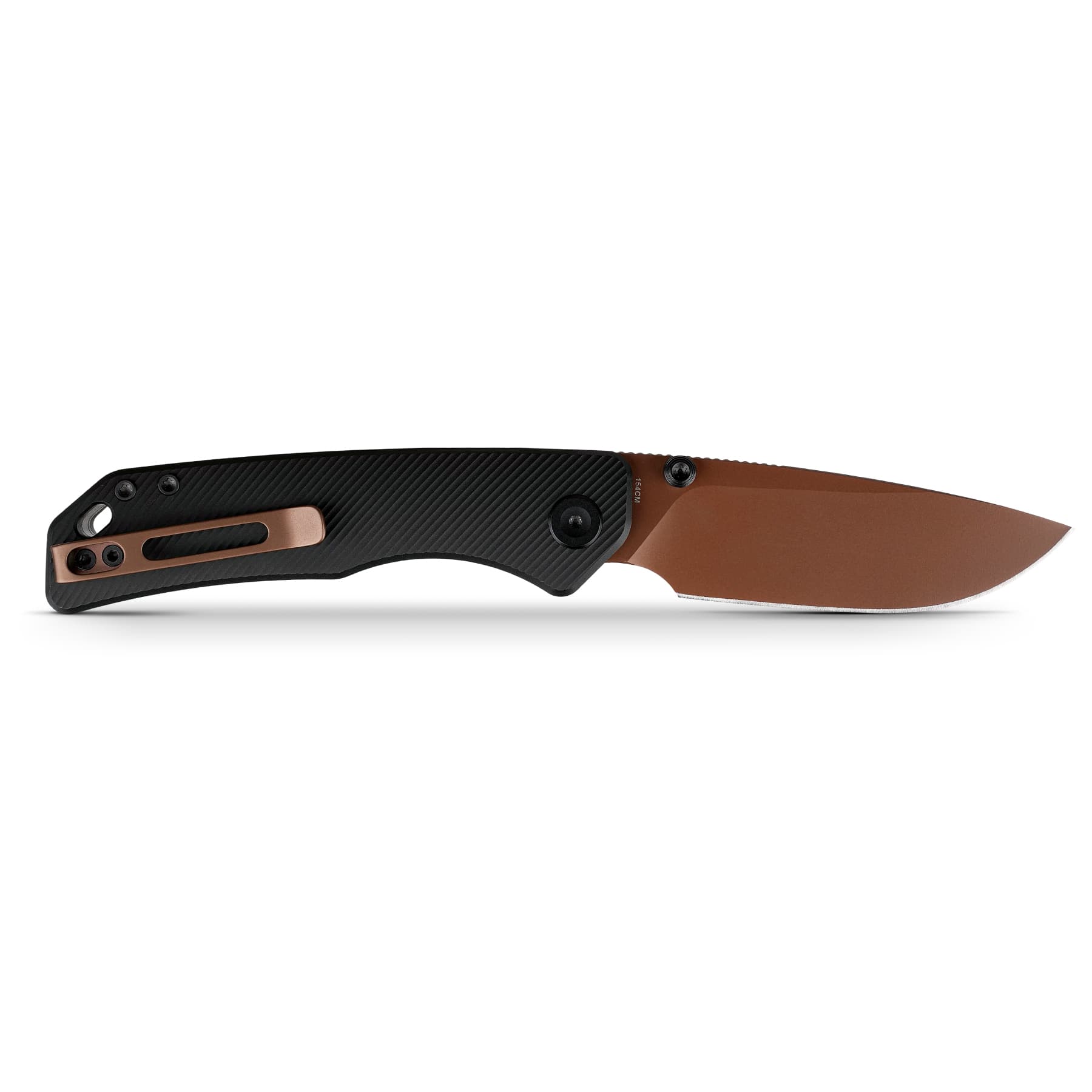 Partially visible folding knife with a black carbon-fiber handle, bronze pocket clip, and brown blade on a white background.