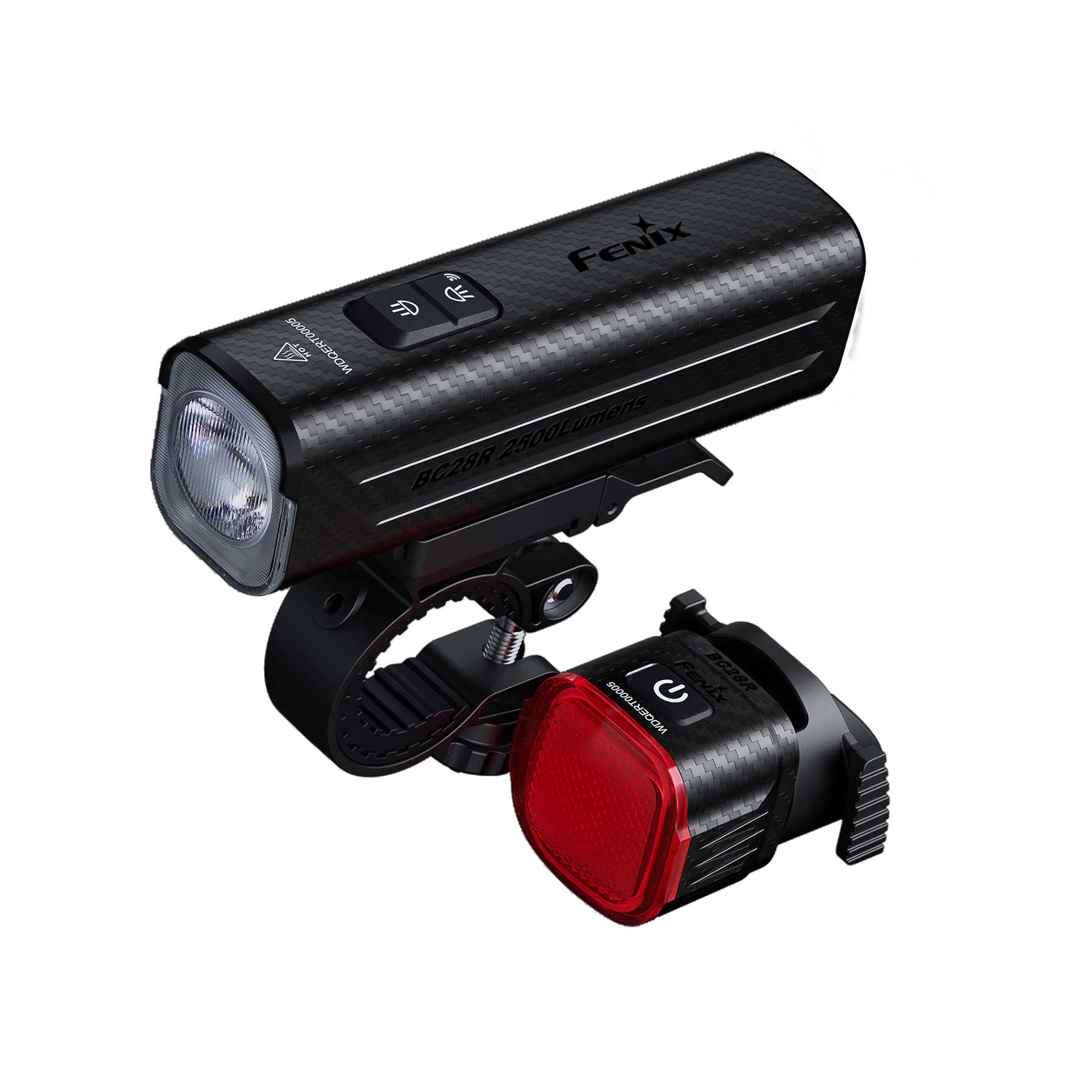 Close-up of a black carbon-textured bike headlight with two control buttons and a red rear light below it (brand Fenix visible).