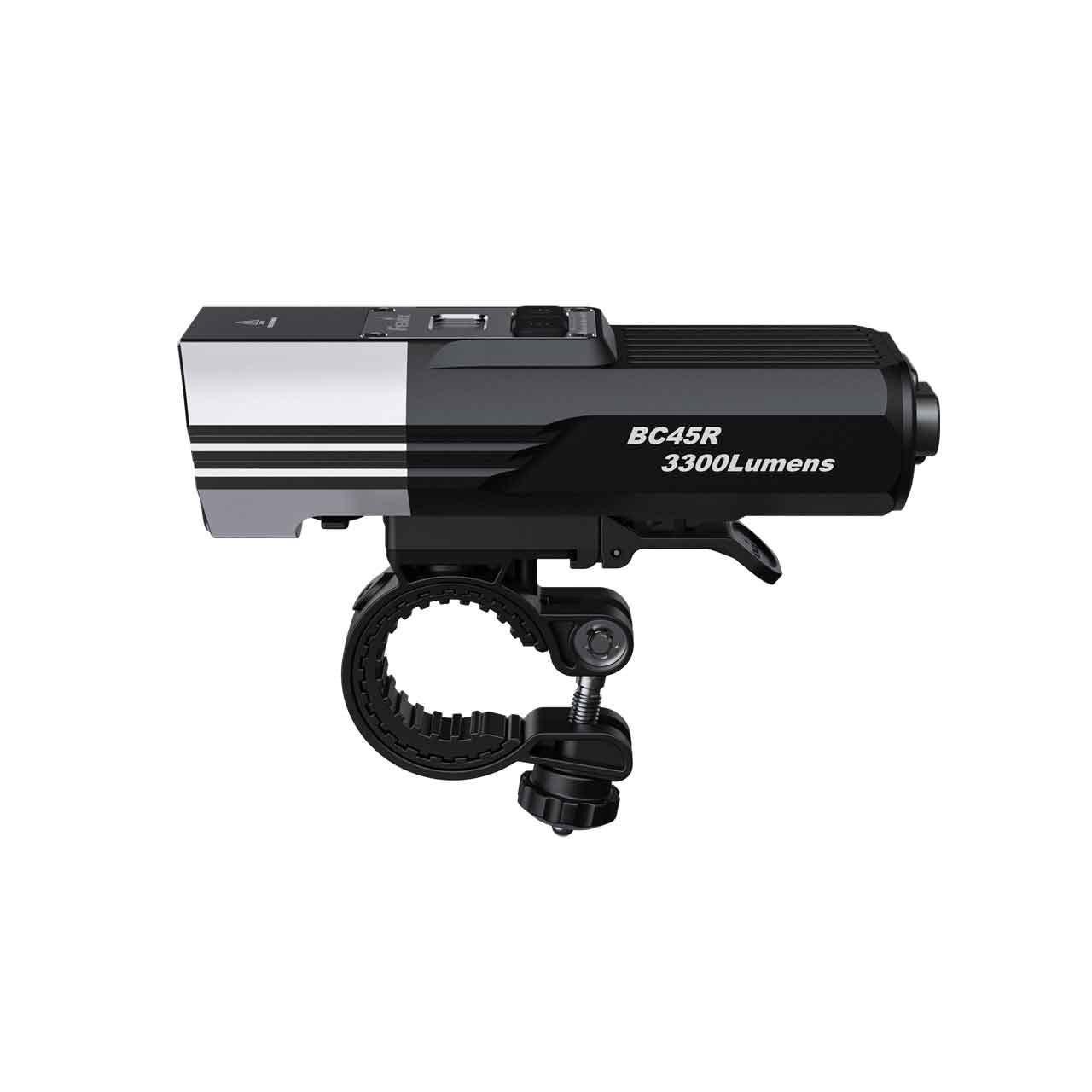Camera flash unit on a clamp mount, labeled BC45R 3300 Lumens, with a dark gray and black body and ribbed heat sink on top.