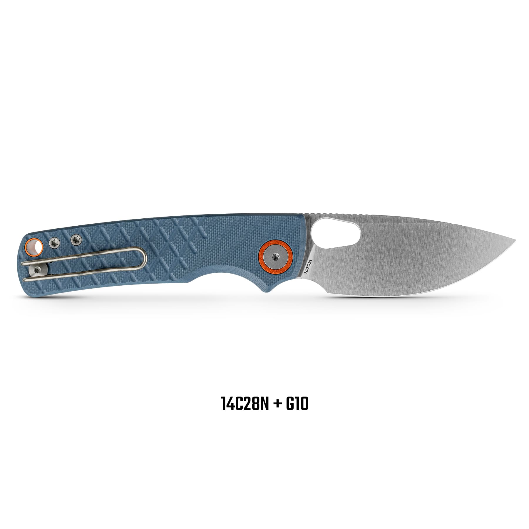 Blue textured folding knife handle with orange pivot accents and a partial view of the stainless blade showing at the tip.