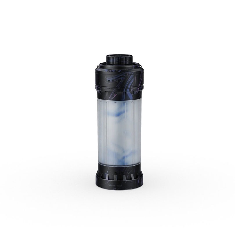 Portable water filter bottle standing upright on a white background; clear middle chamber shows the filter cartridge inside.