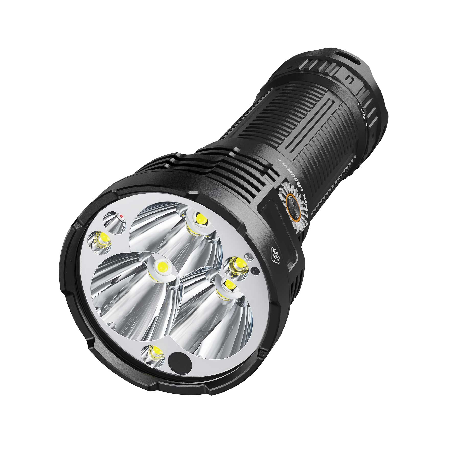 Close-up of a black tactical flashlight head with multiple LED bulbs and reflective inner lens.