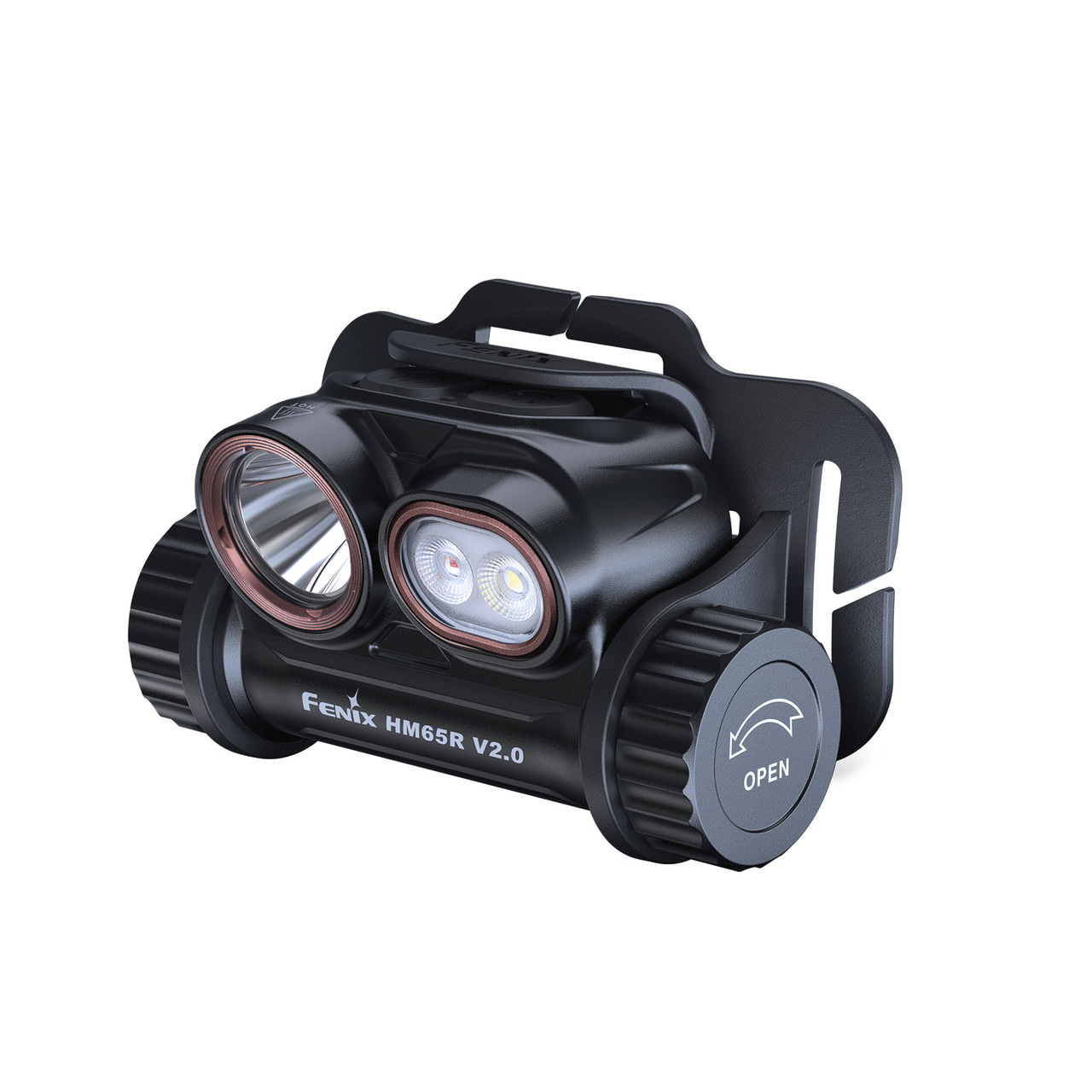 Fenix HM65R V2.0 dual-LED headlamp with a black body and adjustable mounting bracket.