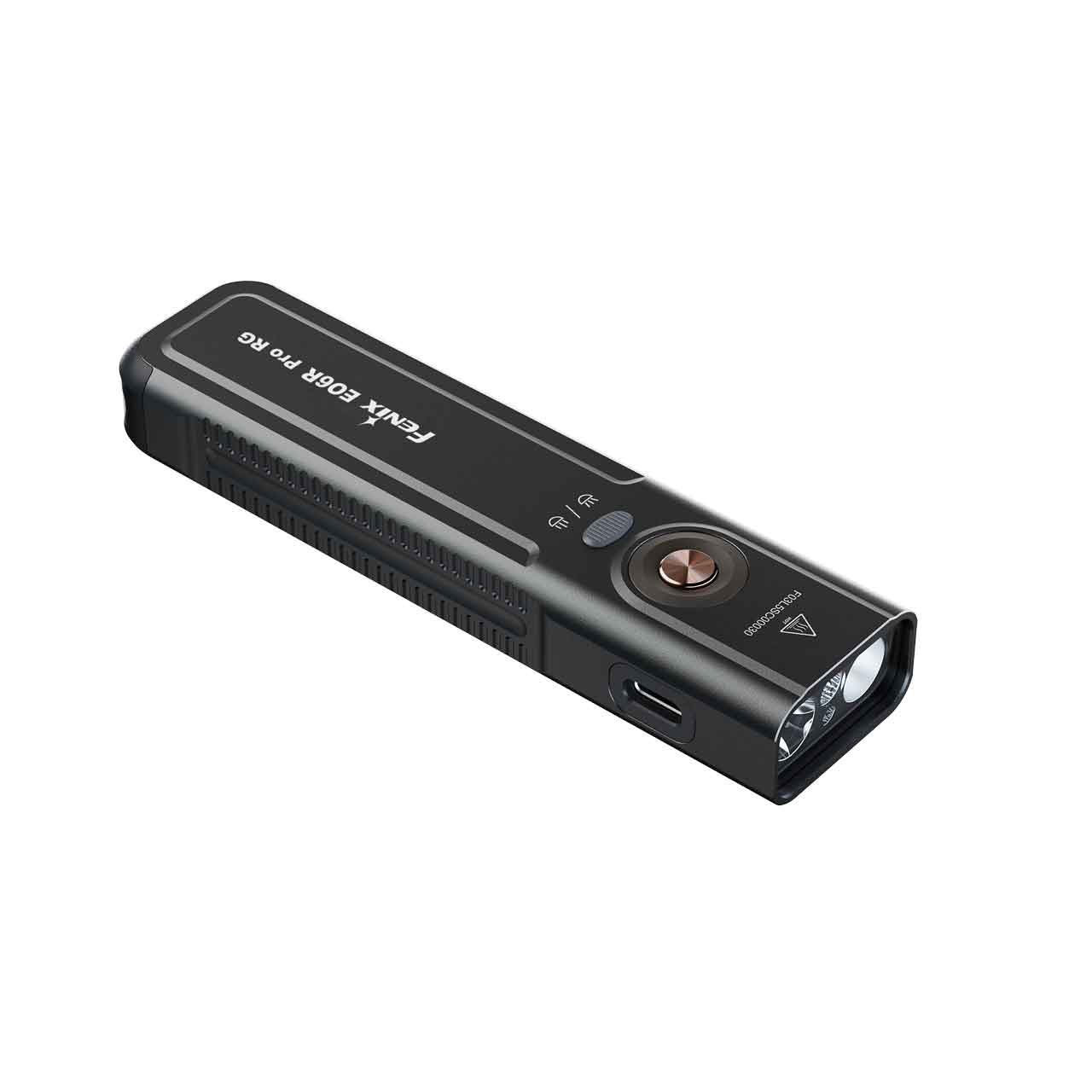 Compact black handheld flashlight with a circular LED lens at the front and a USB-C charging port on the side.