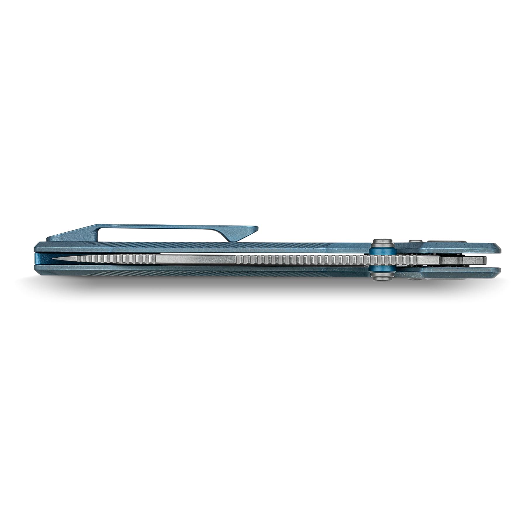 Side view of a blue folding utility knife with a textured grip and partially extended blade.