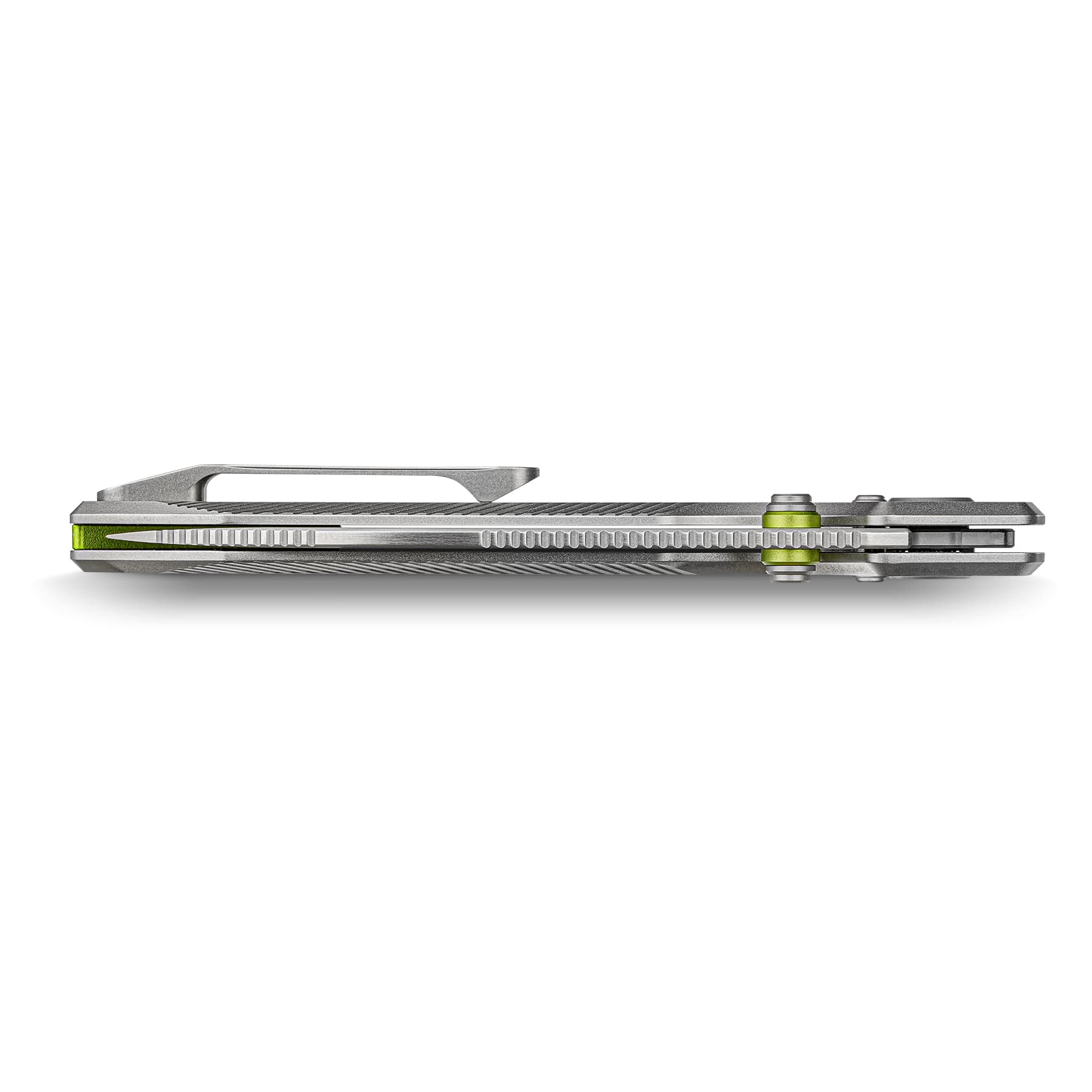 Side view of a slim, silver metal device with lime-green accents and a textured, ridged surface, set against a white background