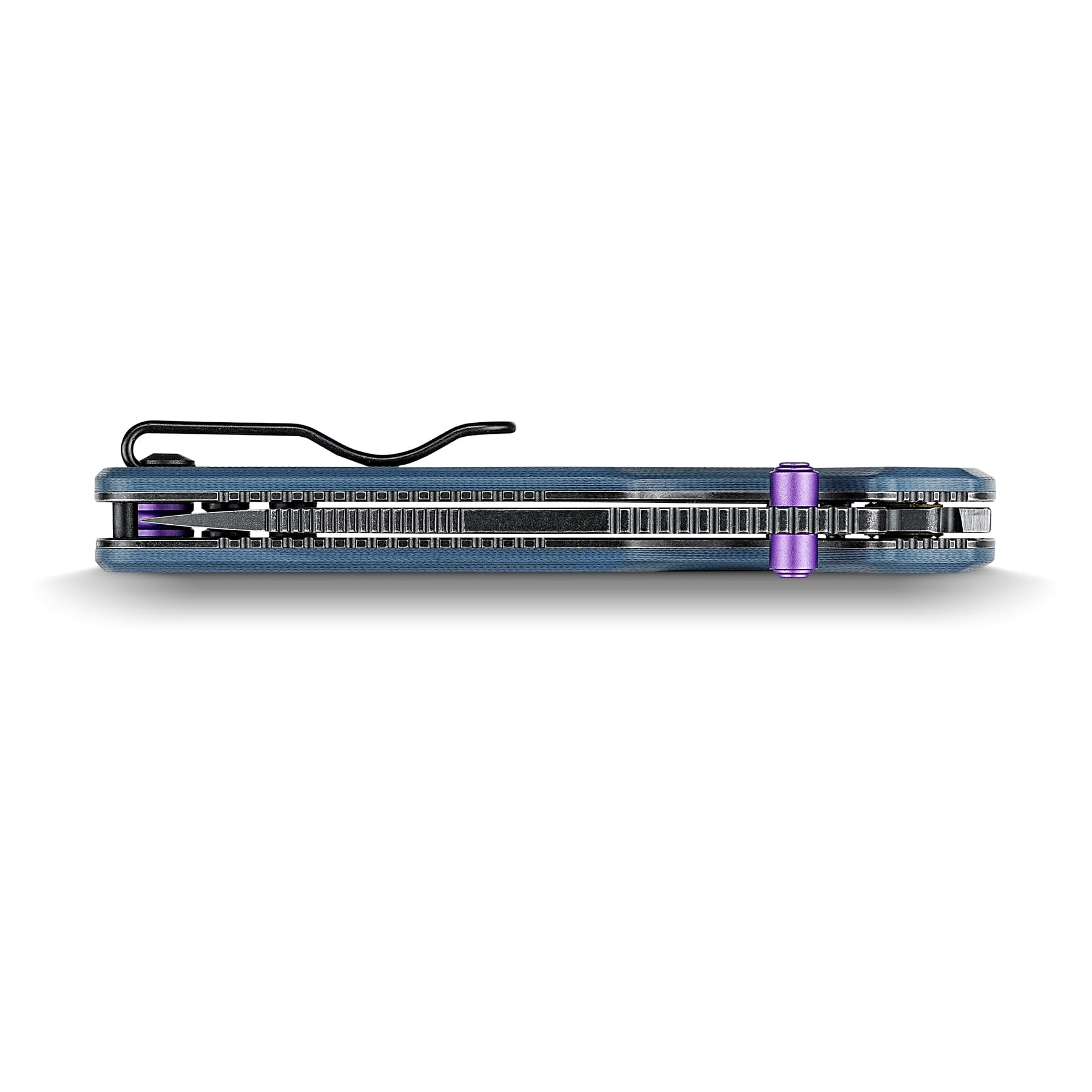 Close-up of a blue electronic device with exposed metal rails and a purple connector knob on the side, with a black cable looping above.