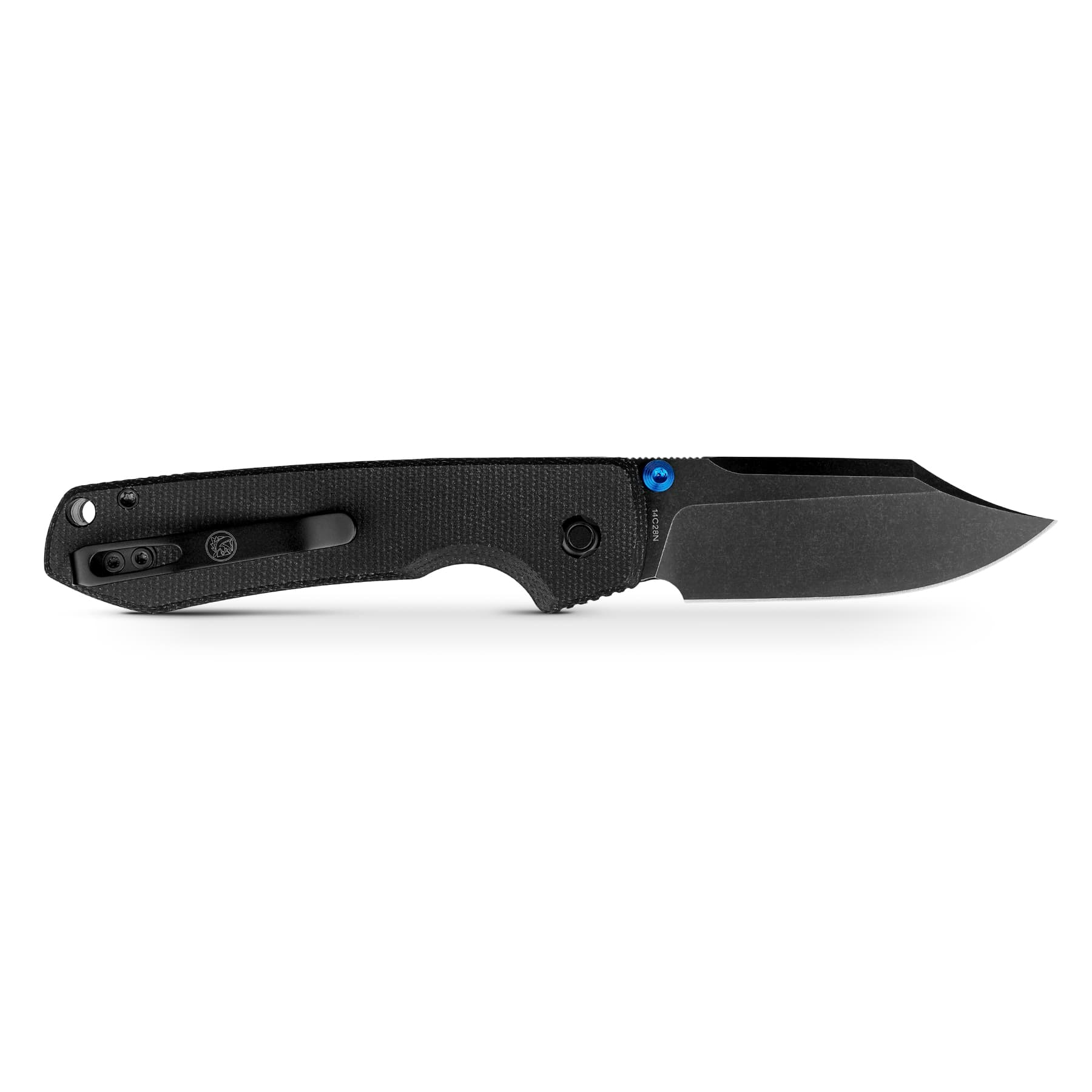 Black folding knife laid horizontally with a textured black handle and a blue pivot screw, blade partially extended.