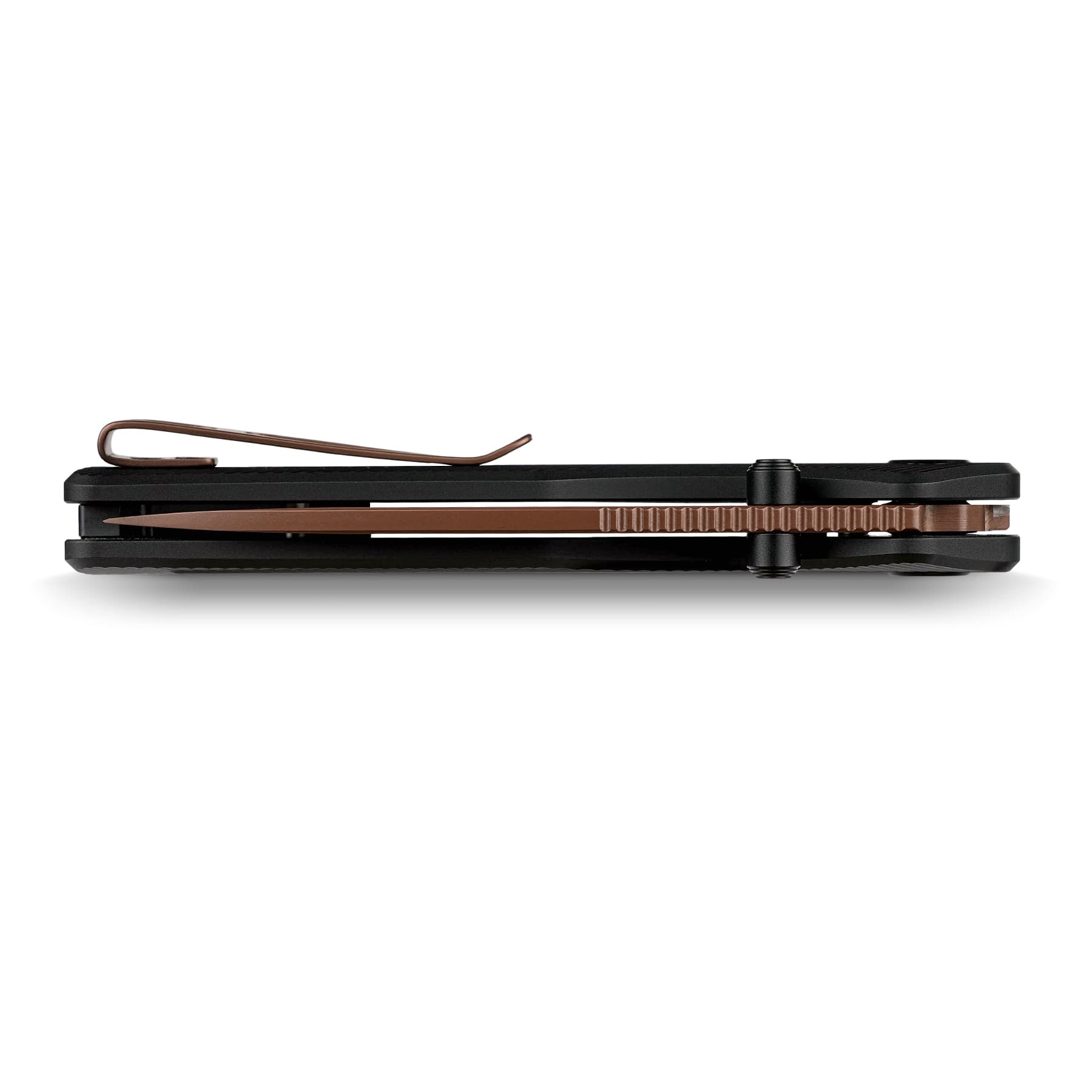 Close-up of a black device with a brown strap and a ribbed brown gear on a white background.