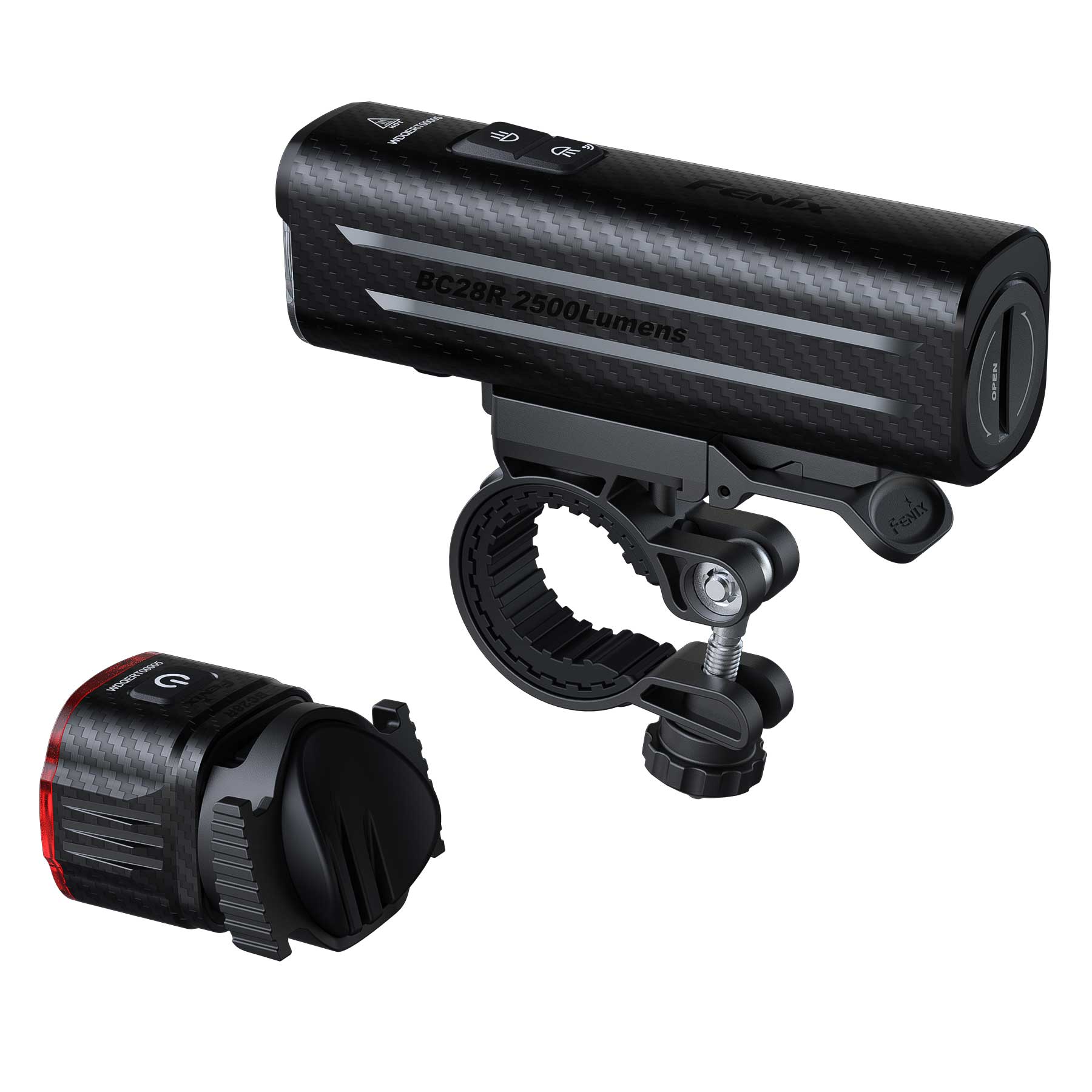 Cylindrical bike headlight with carbon-fiber pattern on a mounting bracket, labeled BC28R 2500 Lumens, with two control buttons on top.